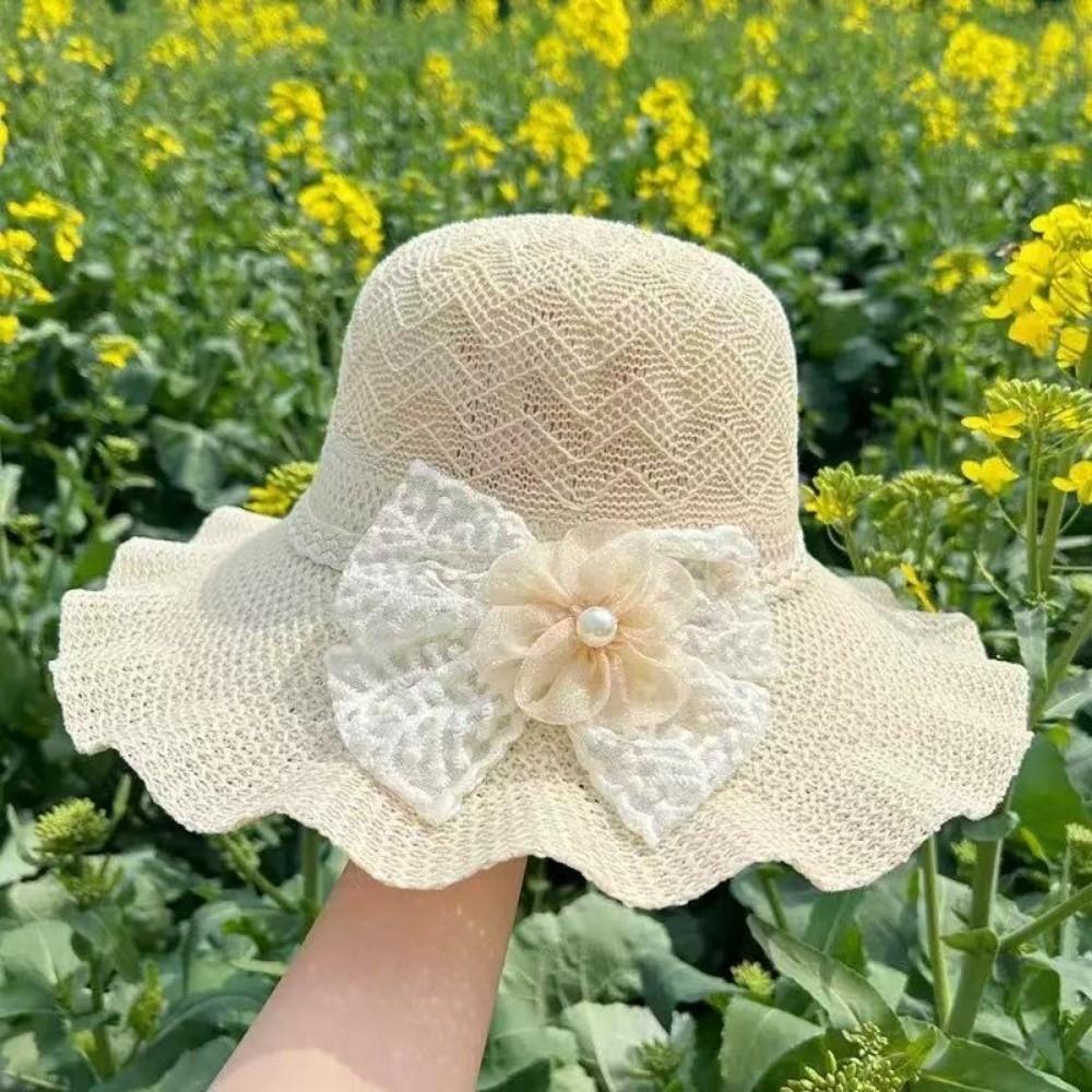 Lace Bow Wide Brim Knitted Hat Solid Color Beach Sun Hat Fashion UV Protection Cap Travel