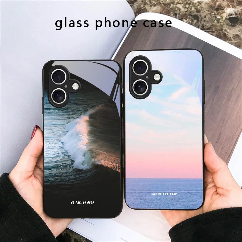 Темно-синяя морская вода Для iPhone 17 Air 16 E 15 Plus 14 Pro Max 13 12 mini 11 5 6 7 8 Plus XR XS Max SE Черный стеклянный чехол для телефона