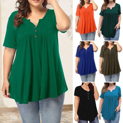 Женская туника больших размеров, летняя, с коротким рукавом, V-образным вырезом, на пуговицах, повседневная рубашка