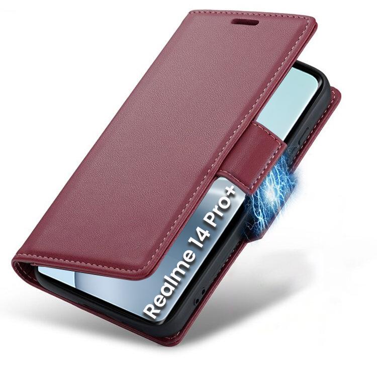 Realme 14 Pro+ 5G Case, ERBORD Glossy Litchi, Wallet Flip Cover, Red