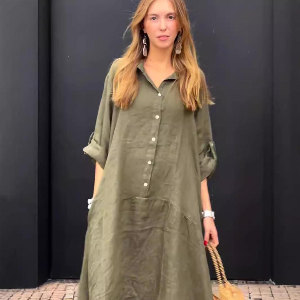 Летнее повседневное женское платье большого размера из хлопка и льна с карманами и воротником-рубашкой