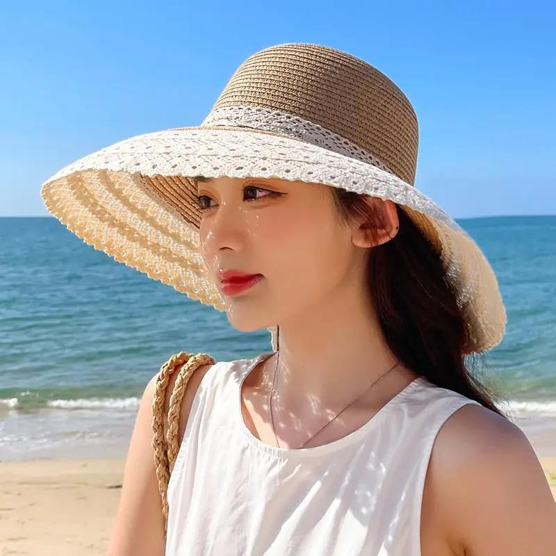 WTEMPO Beach Vacation Sunscreen Hats Women's Summer Lace Patchwork Large Brim Straw UV-proof Fisherman Hats
