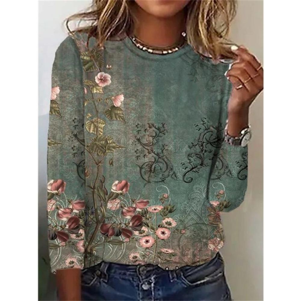 Женские футболки с цветочным узором, топы с 3D-принтом, повседневный свитер с круглым вырезом и длинным рукавом, модная толстовка Y2K для девочек