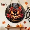 Autumn Atmosphere Hanging Ornament Halloween Wooden Door Hanger Sign, Flame Pumpkin Maple Leaf Printed Round Plaque, Hemp Rope Decor Waterproof