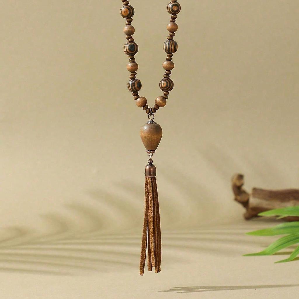 Богемный отпускной стиль Деревянное ручной работы ожерелье с подвеской из бусин Длинная цепочка для свитера Кисточка из ПУ кожи Бохо украшения Подходит для женского повседневного ношения