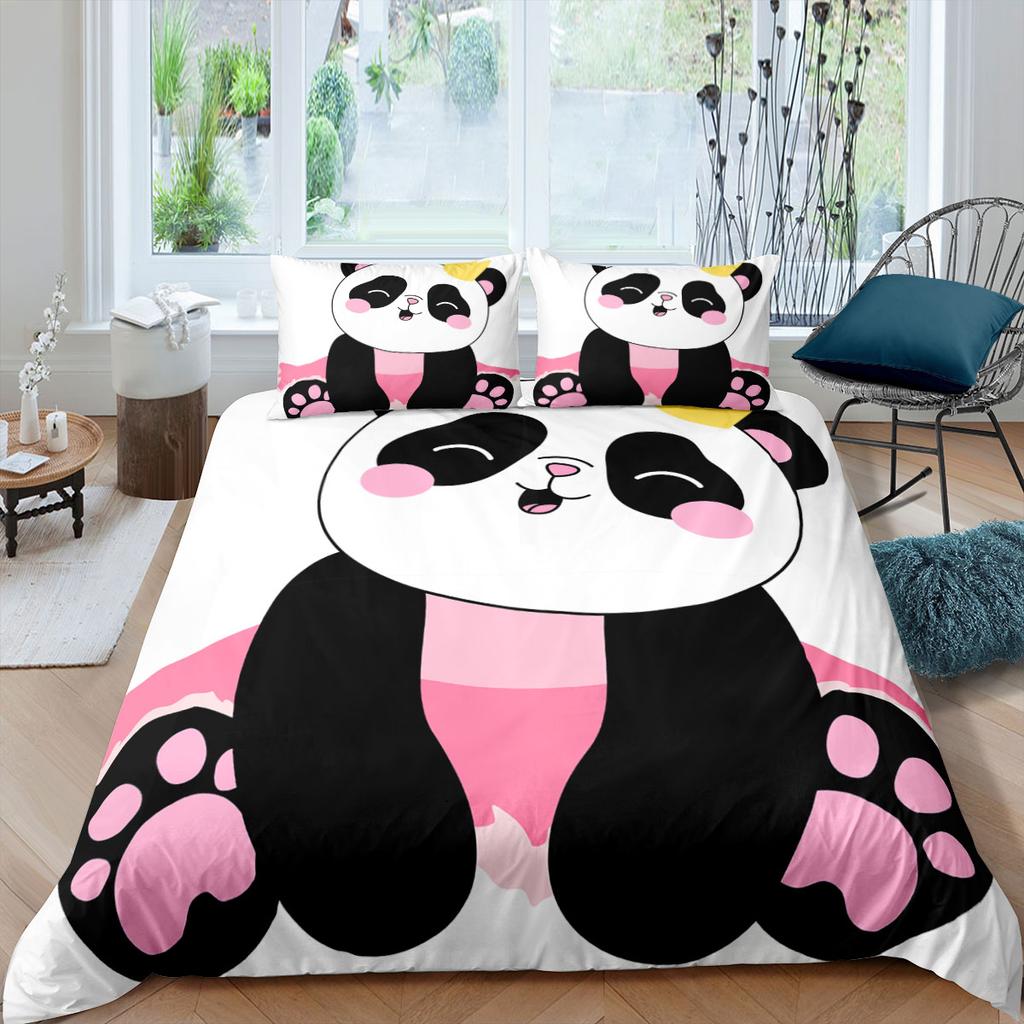 Kids Panda King Queen Duvet Cover Cute Animal Bedding Set For Boys Girls Cartoon Style 2/3pcs Quilt Cover Flower Comforter Cover