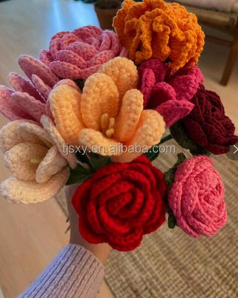 1pcs Finished Handmade Hand-knitted Yarn Crochet Tulip Artificial Flowers Bouquet Birthday Gift Wedding Home Decor