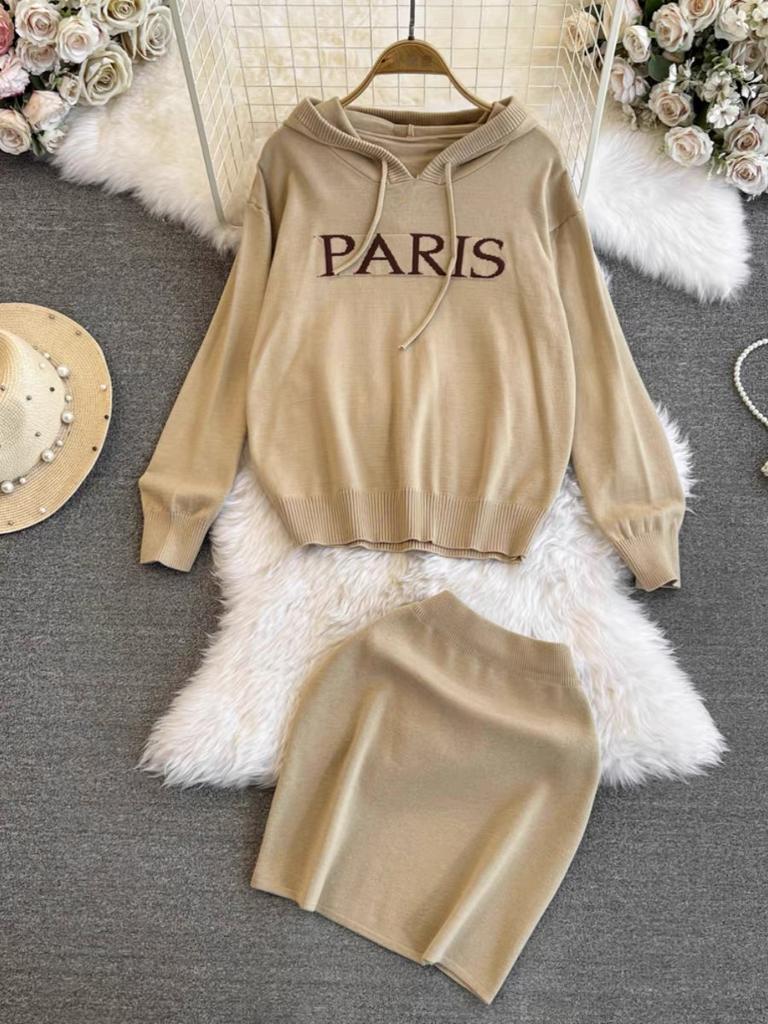 Spring Autumn Brand Designer Runway Outfits Women Knitted Sweater Letter Hooded Sweatshirt and Mini Short Sheath Skirt Two Piece Set