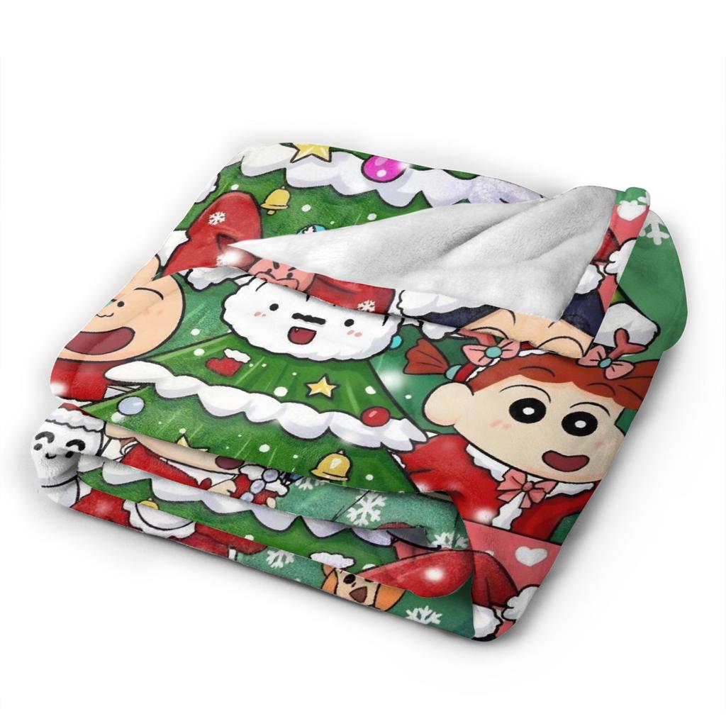 Crayon Shin-chan joyfully dress up the Christmas tree Blanket  Travel Flannel Throw Blanket For Living Room Warm Bedspread Gift