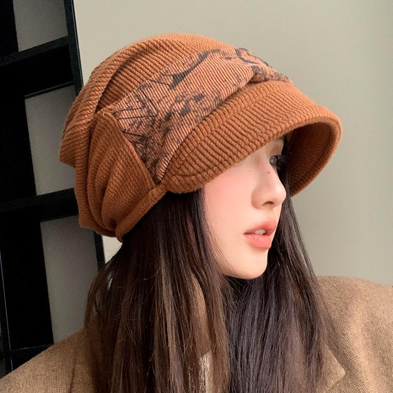 Корейская ретро осенне-зимняя шапка для женщин с большим обхватом головы, зрительно уменьшающая лицо, вязаная свободная шерстяная шапка, повседневная и универсальная шапка-мешок