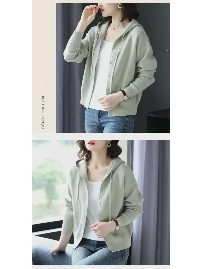 Женский вязаный кардиган с капюшоном — короткий и свободный для ранней весны/осени 2024 г.