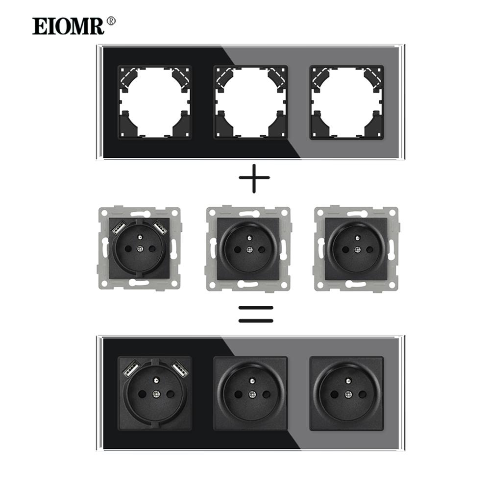 EIOMR Французский Стандарт USB Настенная Розетка Черная Панель из Кристаллического Стекла 16A 110-250V с Железной Лапкой Многофункциональная Электрическая Розетка и Выключателем