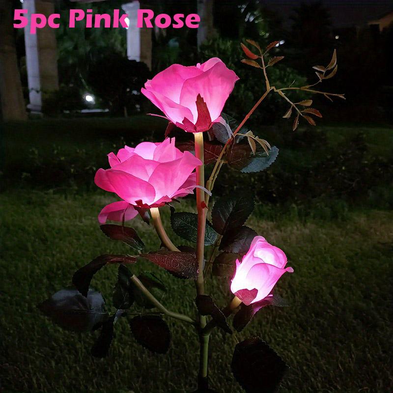 5Pack Garden Solar Decorative Light Outdoor Waterproof Realistic Artificial Rose Flower for Backyard Pathway Porch Step Memorial