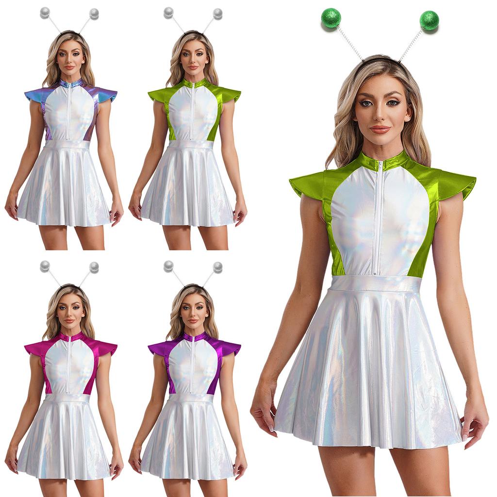 Womens Space Alien Costume Cap Sleeve Cutie Design Outer Space Theme Dress and Hair Hoop