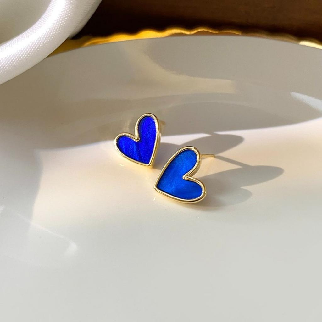 New Korean Sweet Cute Heart Stud Earrings for Women Girl Fashion Blue Glaze Aesthetic Geometric Earrings Minimalist Jewelry Gift