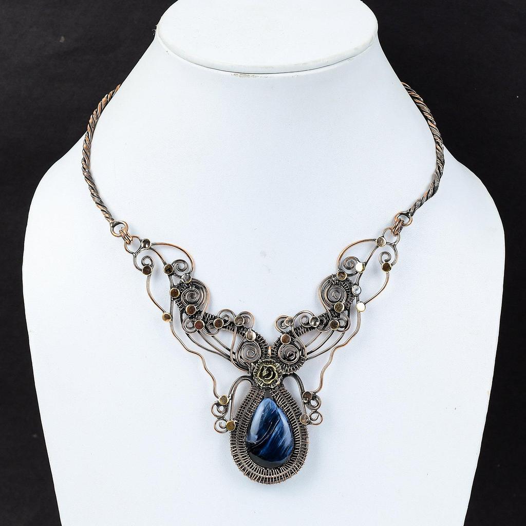 Ожерелье Pietersite, обернутое медной проволокой, ювелирное изделие, ожерелье из меди с драгоценными камнями, регулируемое ожерелье, ожерелье ручной работы, обернутое проволокой, подарок для невесты