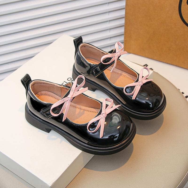 Spring Girl's Mary Janes Sliver Black Bowknot Elegant Kids Leather Shoes Chunky Round Toe Beautiful Chic Children Flat Shoe26-36