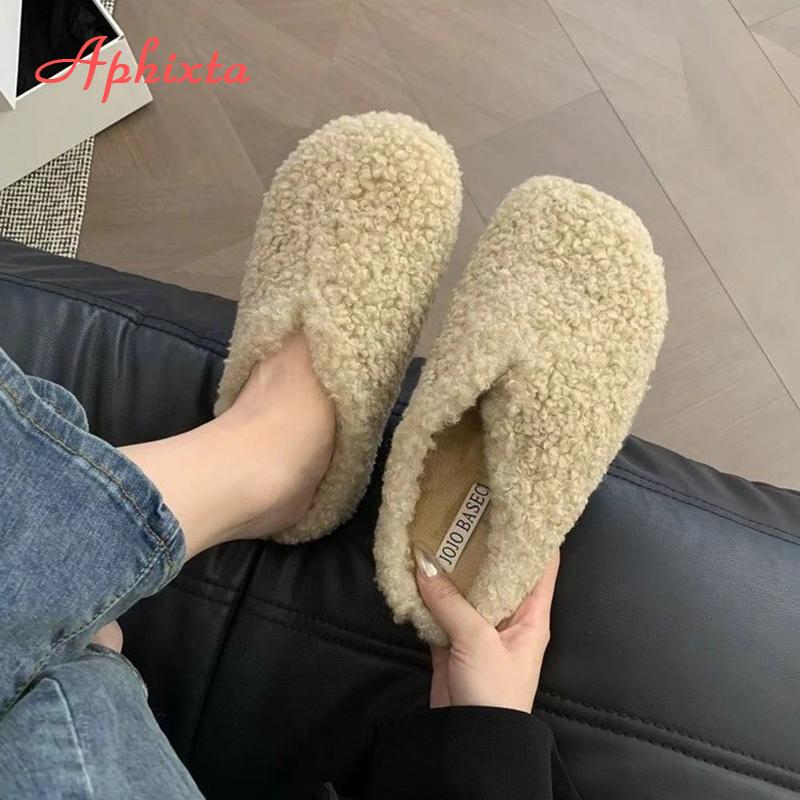Fashion Aphixta New Warm Winter Slippers Candy Color Sweet Women Slippers Furry Round Toe Shoes Indoor Flat Heel Hair Slides