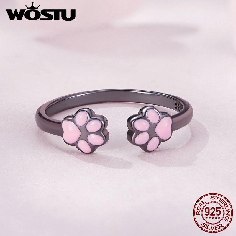 WOSTU 925 Sterling Silver Black Cat Claw Open Rings Size 6-9 Cute Pet Finger Ring for Women Party Original Fine Jewelry