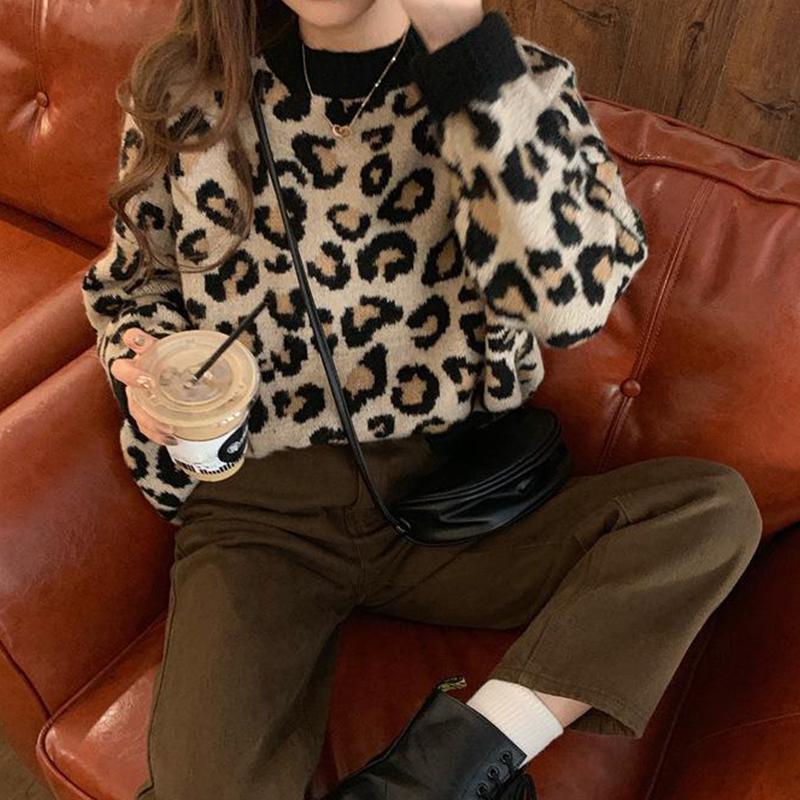 Свитер с леопардовым принтом, женский свободный толстый вязаный повседневный пуловер