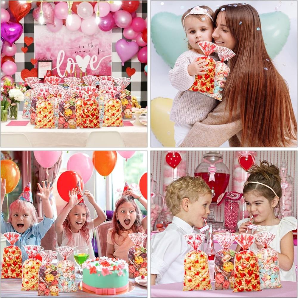100Pcs Valentine's Day Cellophane Treat Bags With Twist Ties - 4 Styles Heart Candy Bags For Party Favors, 27x12.5cm