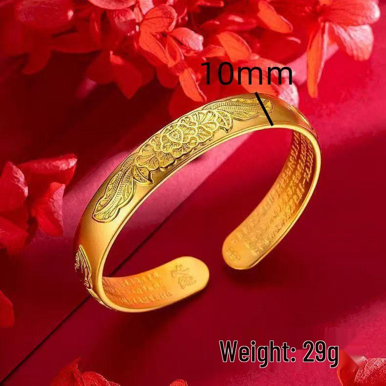 Позолоченный широкий открытый браслет-бенгл с пионом и Сердечной сутрой для женщин