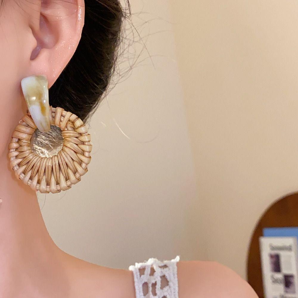 Round Rattan Weave Earrings Flower Beach Jewelry Cute Bohemian Drop Earrings Wedding