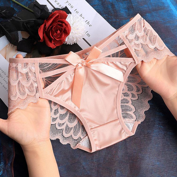 Bowknot Hollow Lace Panties for Women Satin Pure Cotton Crotch Breathable Sexy Mid-waist Women Briefs Underwear Knickers EMA