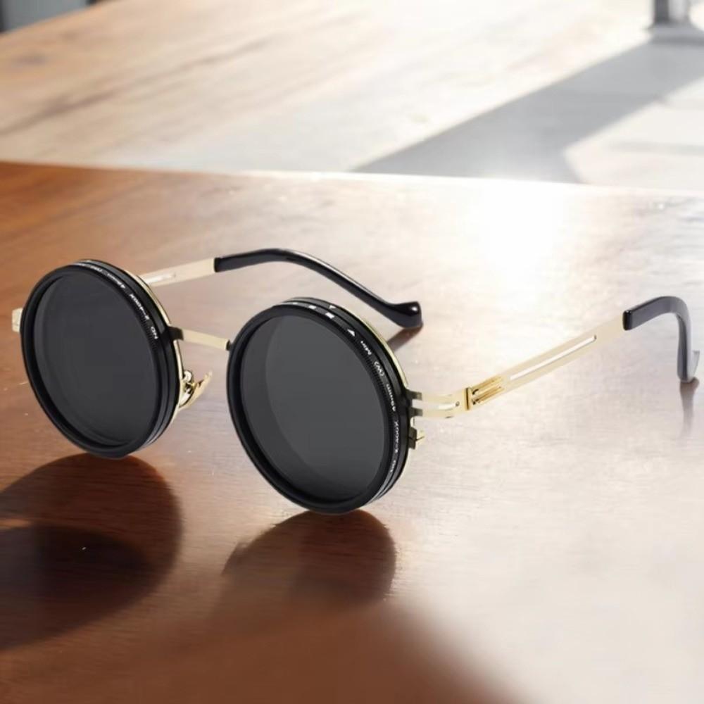 Round Adjustable Sunglasses with Glasse Case Anti-UV Glasses Clarity Outdoor Eyewear Driving