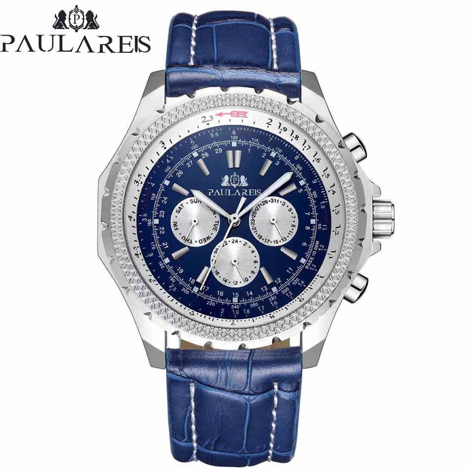 Paulareis Fully Automatic Mechanical Multifunctional Luminous Men's Watch Copper Belt Leather Automatic Watch
