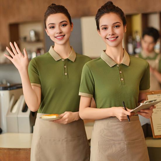 Unisex Waiter Waiteress Uniform Button Lapel Solid Color Short Sleeves Breathable Soft Coffee House Hotel Dinner Food Serving Top