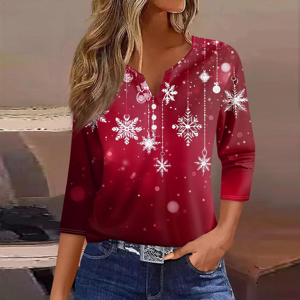 Women's T Shirt Christmas Print Button 3/4 Sleeve Daily Weekend Fashion Basic V- Neck Regular Top