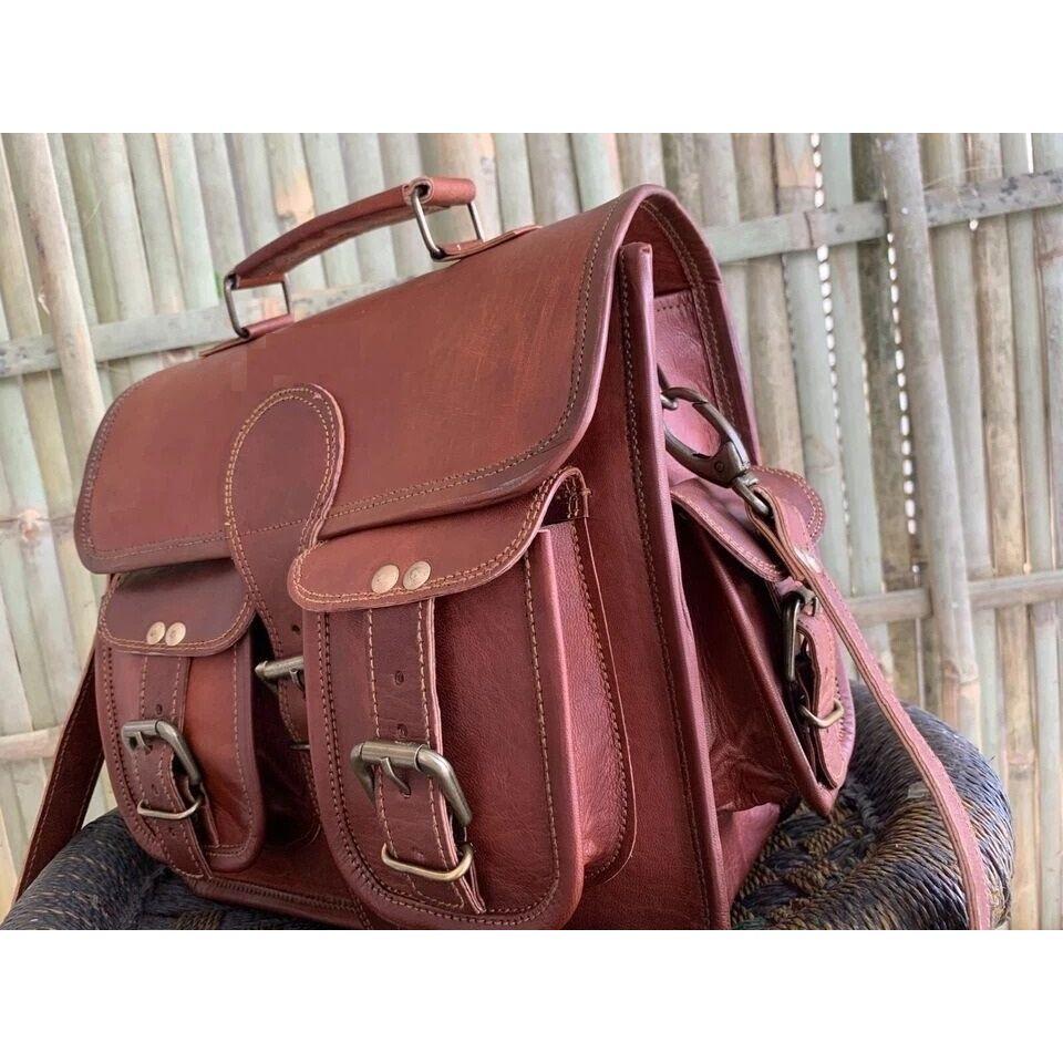 Мужская сумка-мессенджер из козьей кожи Настоящая сумка-портфель из натуральной кожи для ноутбука коричневая