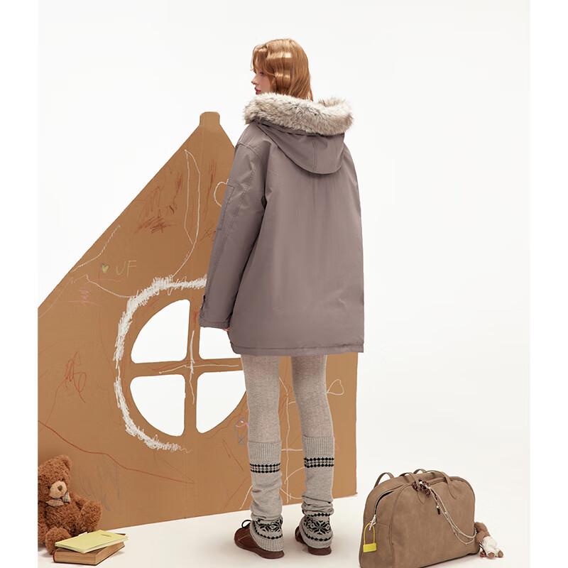 unifree Retro Loose Hooded Down Jacket with Fur Collar