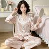 Sweet bear ice silk satin loungewear pajamas women's autumn long-sleeved trousers two-piece set can be worn outside