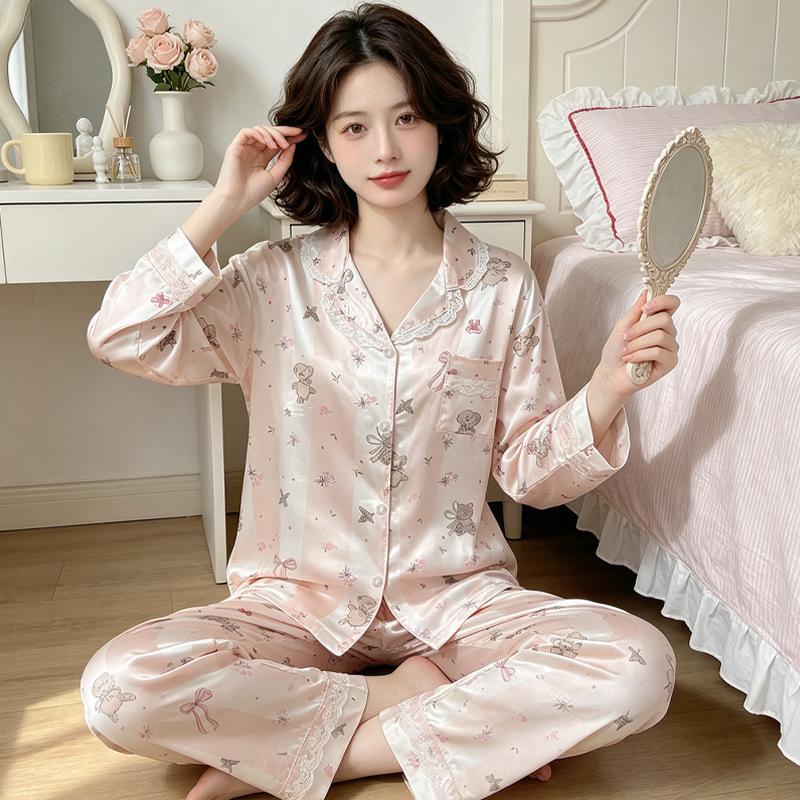 Sweet bear ice silk satin loungewear pajamas women's autumn long-sleeved trousers two-piece set can be worn outside