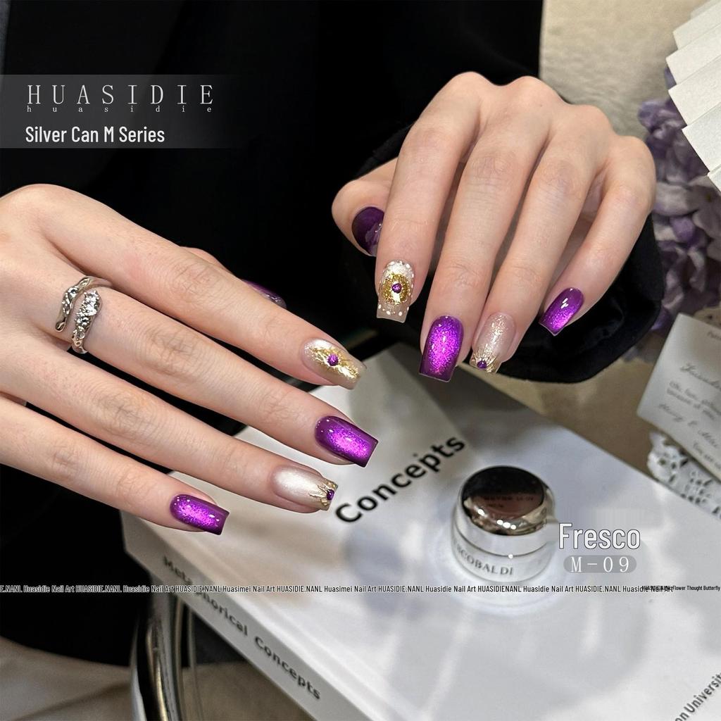 Hua Si Die - Гель-лак для ногтей M09 "Кошачий глаз", баночка 5 г, Кристальный водный блеск, фотополимеризация, Серебристая банка