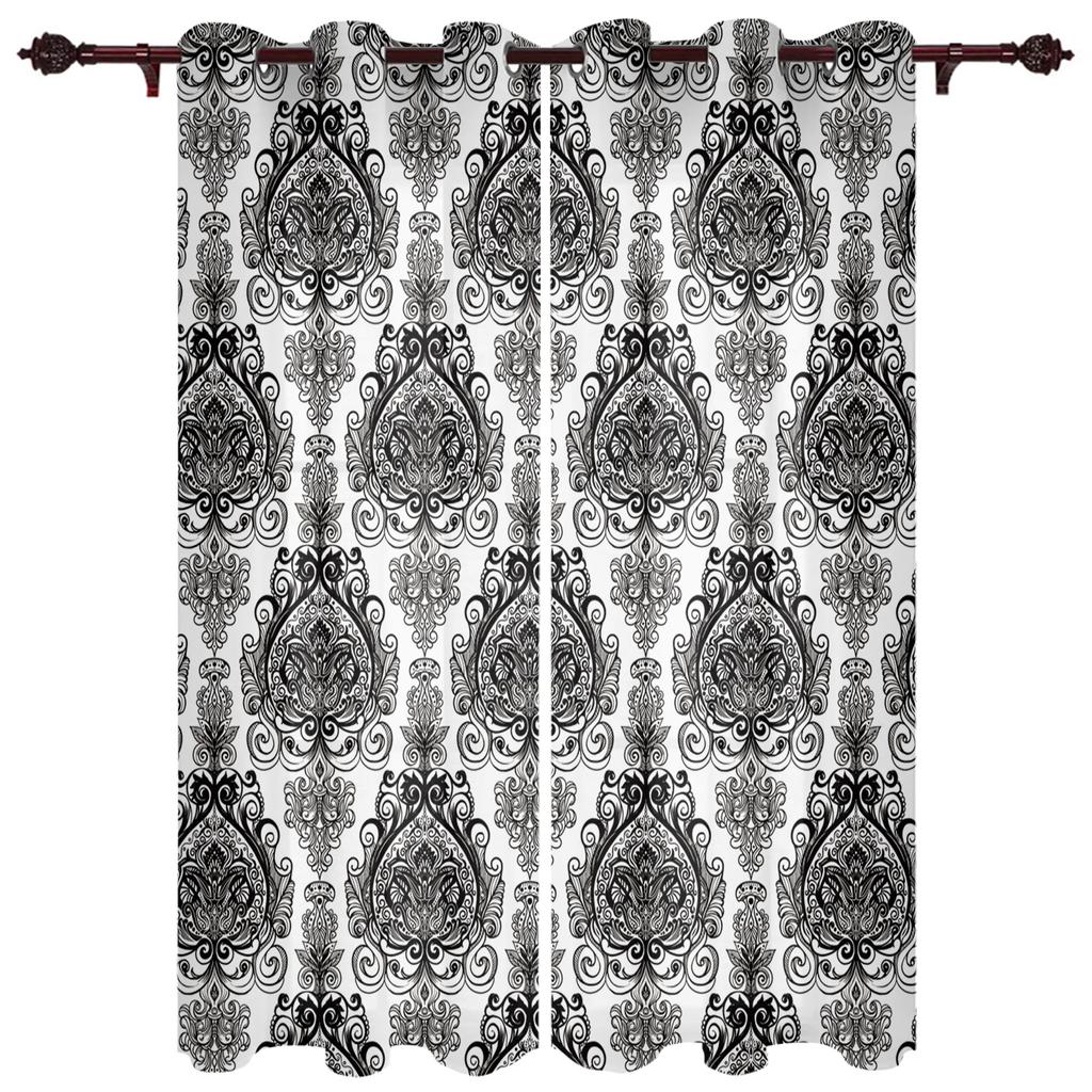 Black White Baroque Pattern Flower Vine Abstract Window Curtains Scenic Curtains for Living Room Decorative Items Living Room