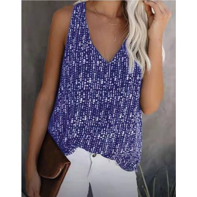 Модный летний свободный повседневный топ без рукавов с V-образным вырезом и принтом