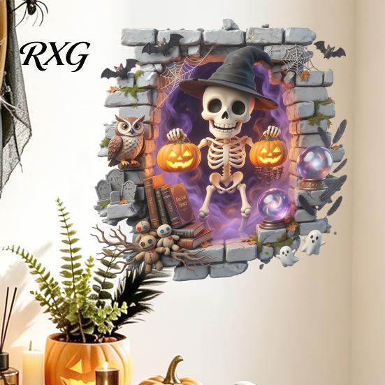 Bat Wall Stickers for Halloween Stickers, 3D Broken Effect with Ghost Skeleton Pumpkin Decals, Self-Adhesive Waterproof Decor Mural Living Room