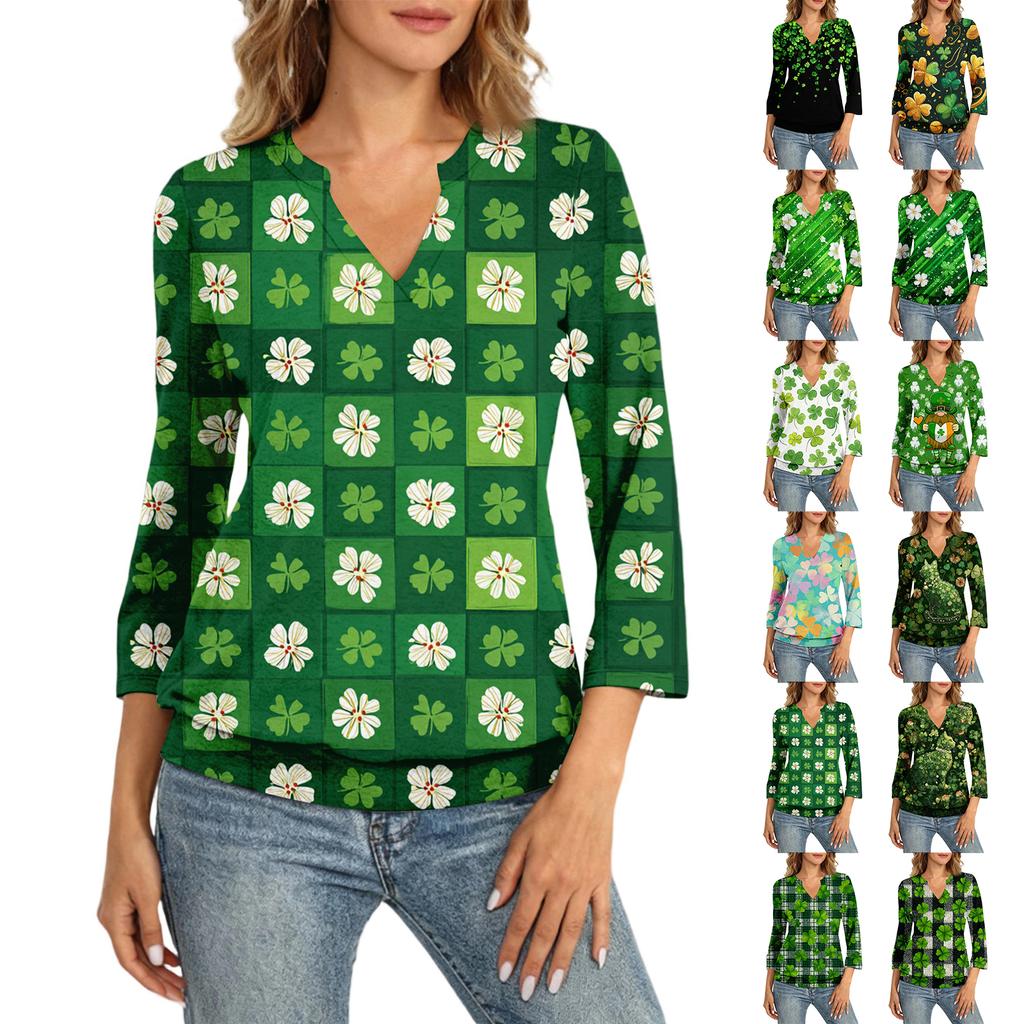 Женская блузка с рукавом 3/4 и манжетой, V-образный вырез, летняя повседневная рубашка, Ст. Топ с принтом ко Дню Святого Патрика