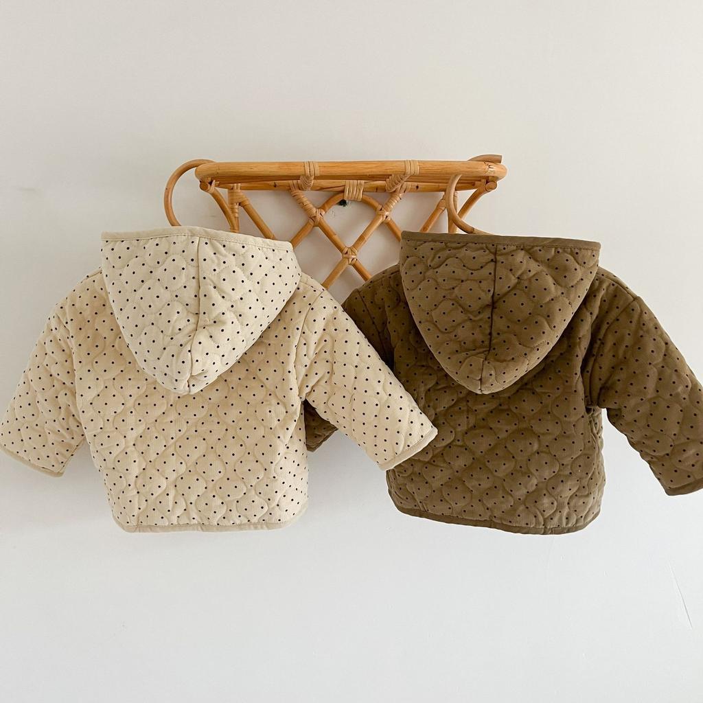 Children's Cotton-padded Coat 2024 Winter Infant Baby Polka Dot Corduroy Thickened Hooded Cardigan Cotton-padded Jacket