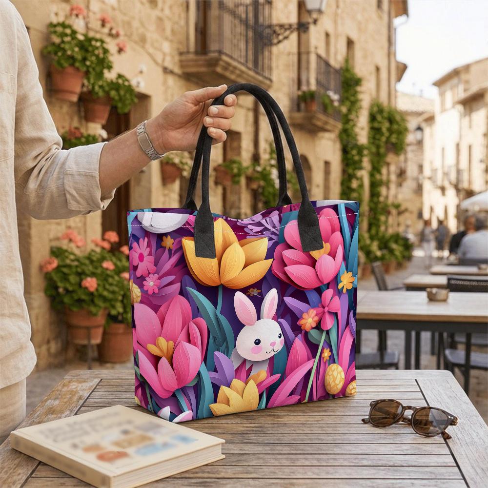 Cute Bunny Floral Pattern Tote Bag Fashion Lightweight Casual Shopping Shoulder Bag Daily Use Handbag for Women