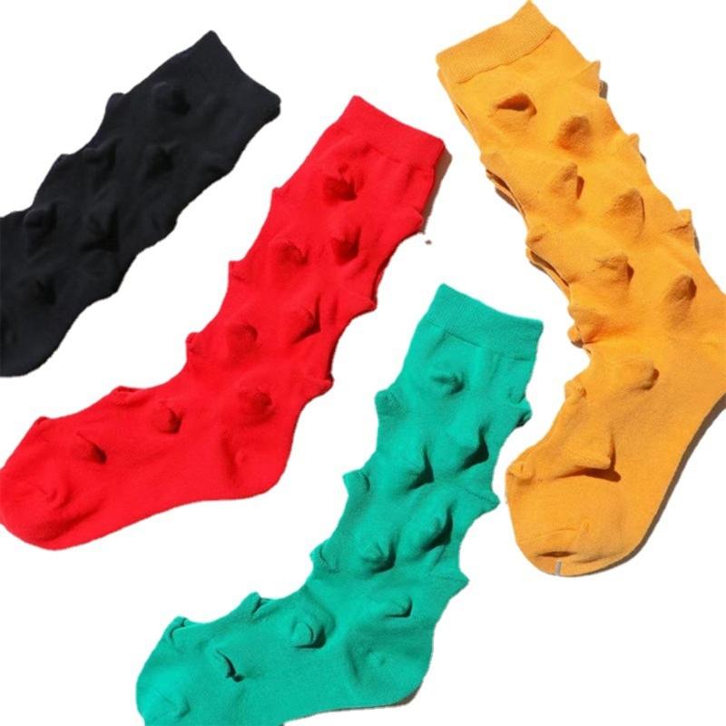 Womens Harajuku Cotton Crew Socks 3D Raised Point Cute Hedgehog Thorns Solid Color Skateboard Middle Tube Calf Socks