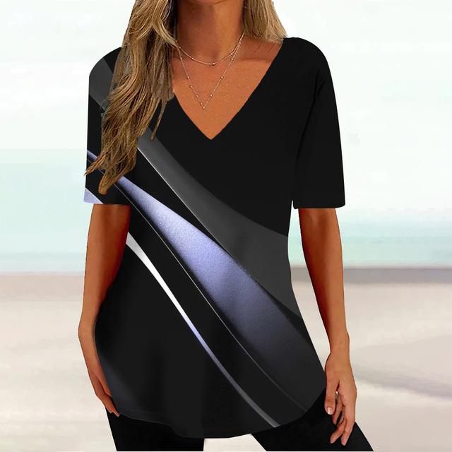 Curved Printed Women's T-Shirt Summer V-Neck Clothes Ladies Casual Short Sleeve Top Loose Fashion Pullover T Shirt for Women