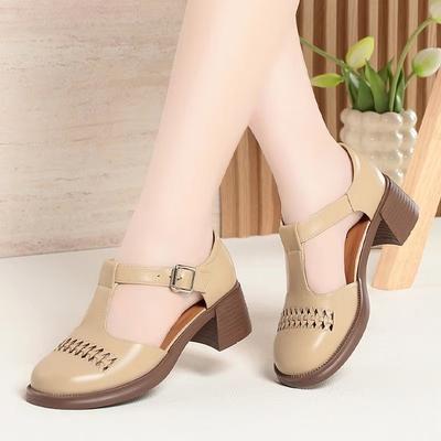 5 см Винтажные сандалии-гладиаторы с Т-образным ремешком, из мягкой кожи, с круглым носком и вырезами, на платформе, 2025, женские сандалии на среднем блочном каблуке для мамы