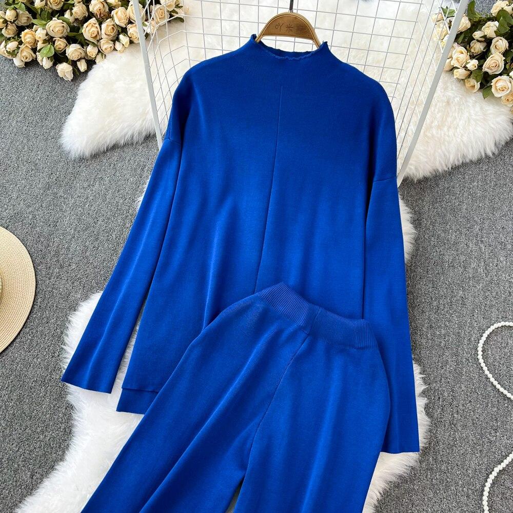 Fashion Collar Loose Long-sleeved Irregular Knit Tops High Waist Thin Straight Pants Two-piece Set