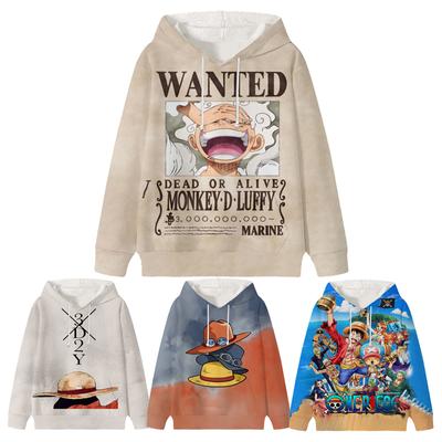 One Piece Luffy Wanted Детские толстовки с капюшоном Осень-Зима Детские бархатные пуловеры Повседневная одежда для детей Девочек и мальчиков Мультфильмы Kawaii Топы Толстовки