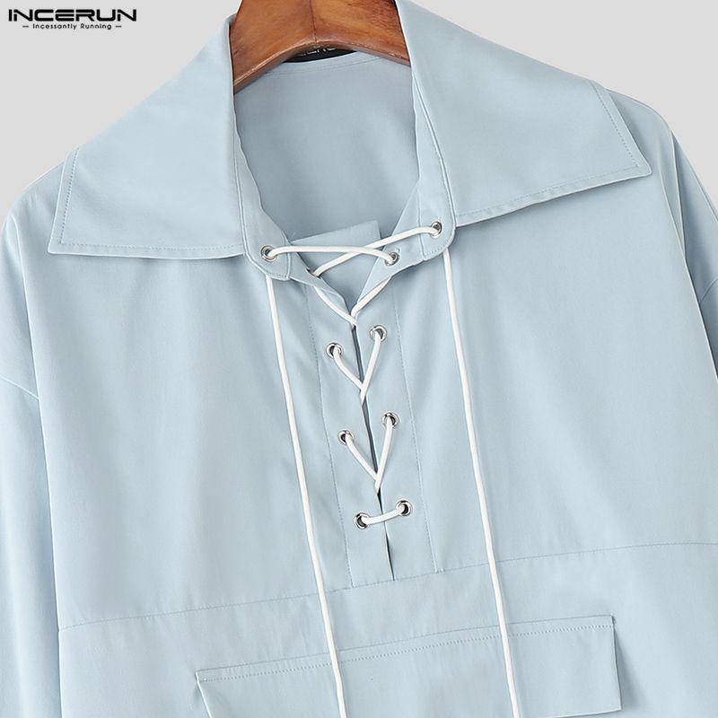 INCERUN Мужские рубашки оверсайз с лацканами, длинными рукавами, бинтами, повседневные, свободные, укороченные