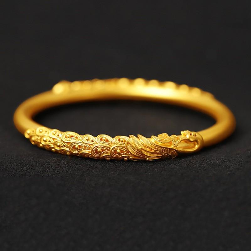 Vietnamese gold-plated peacock bracelet for women, vintage style with dragon and phoenix motifs, inlaid with peonies, gold-plated copper noble lady